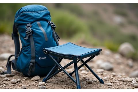 Compact and lightweight camping stool packed neatly next to a backpack, ready for a quick break on a hiking trail.