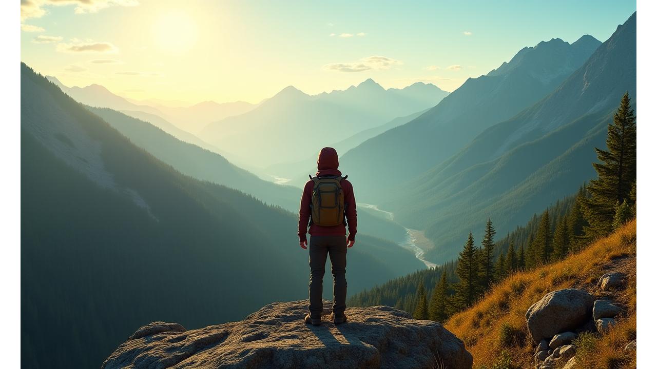 A confident camper standing at the edge of a scenic overlook, looking out at a vast, beautiful forest and mountains, symbolizing readiness for adventure.