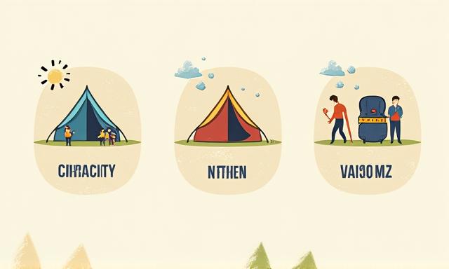 Illustrative icons representing tent capacity, seasonal use, and packed size, helping guide tent selection.