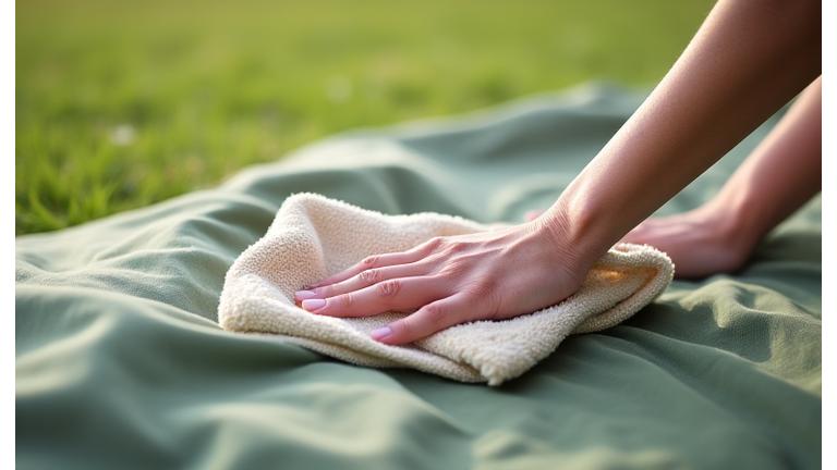 A person carefully cleaning and air-drying a tent after a camping trip, implying proper maintenance.