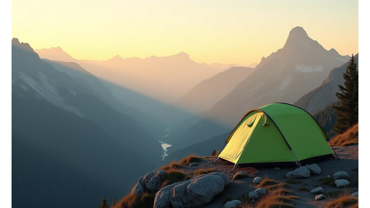 Scenic mountain landscape with tents, illustrating responsible outdoor adventure and the brand's commitment to nature protection.