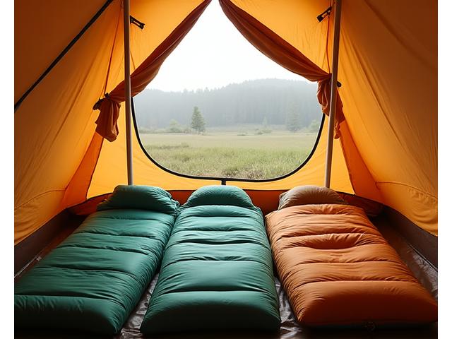 Three sleeping bags laid out in a tent, showing different sizes for adults and children.