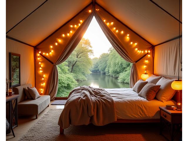 Luxurious glamping tent interior with comfortable bedding and ambient lighting