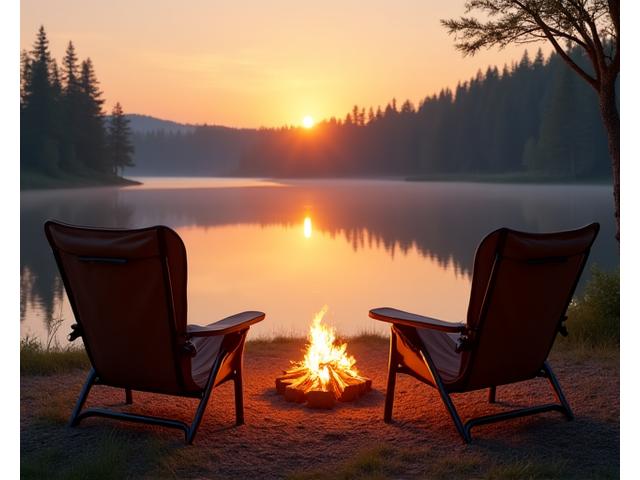Two modern, comfortable camping chairs set up around a crackling campfire at dusk, with lake and forest in the background, inviting relaxation.