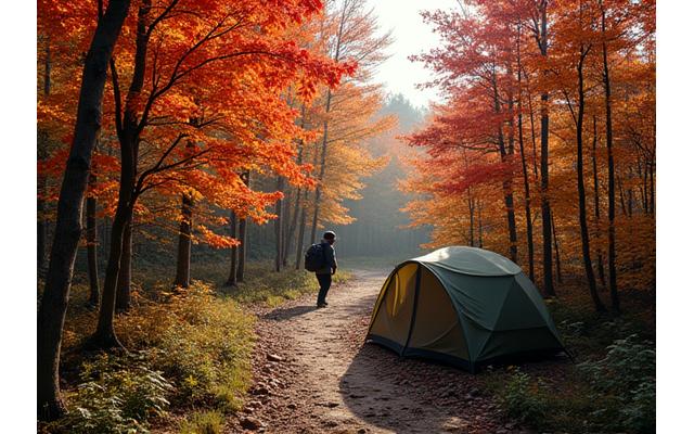 A vibrant autumn scene on the Appalachian Trail, showing a hiker and tent.