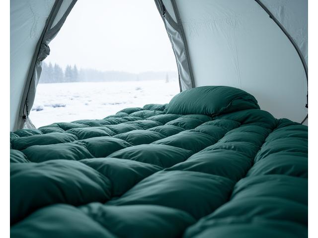 Down sleeping bag unrolled and warm inside a tent, ready for use.